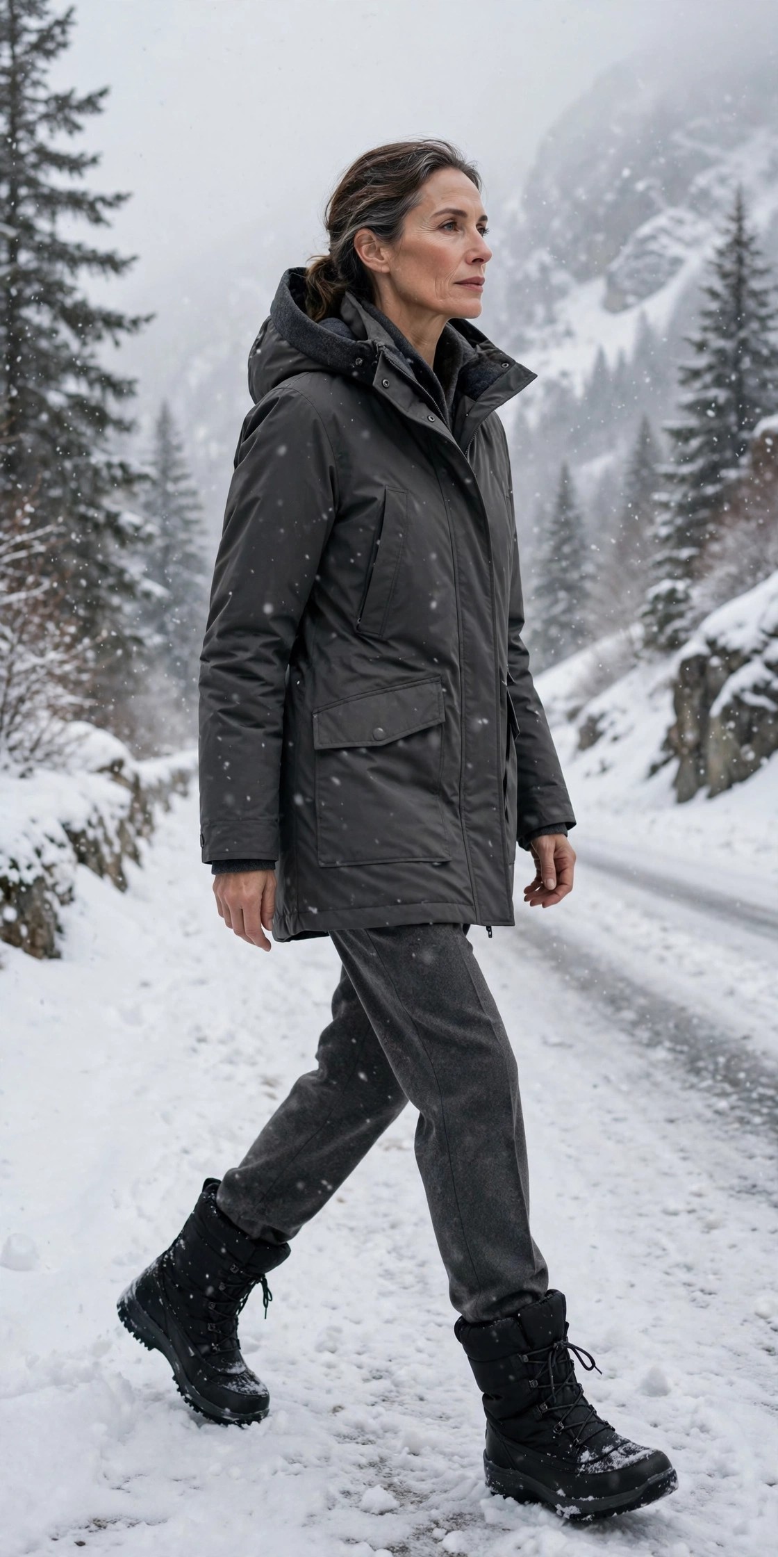 Woman over 50 in storm parka with wool trousers in heavy snow