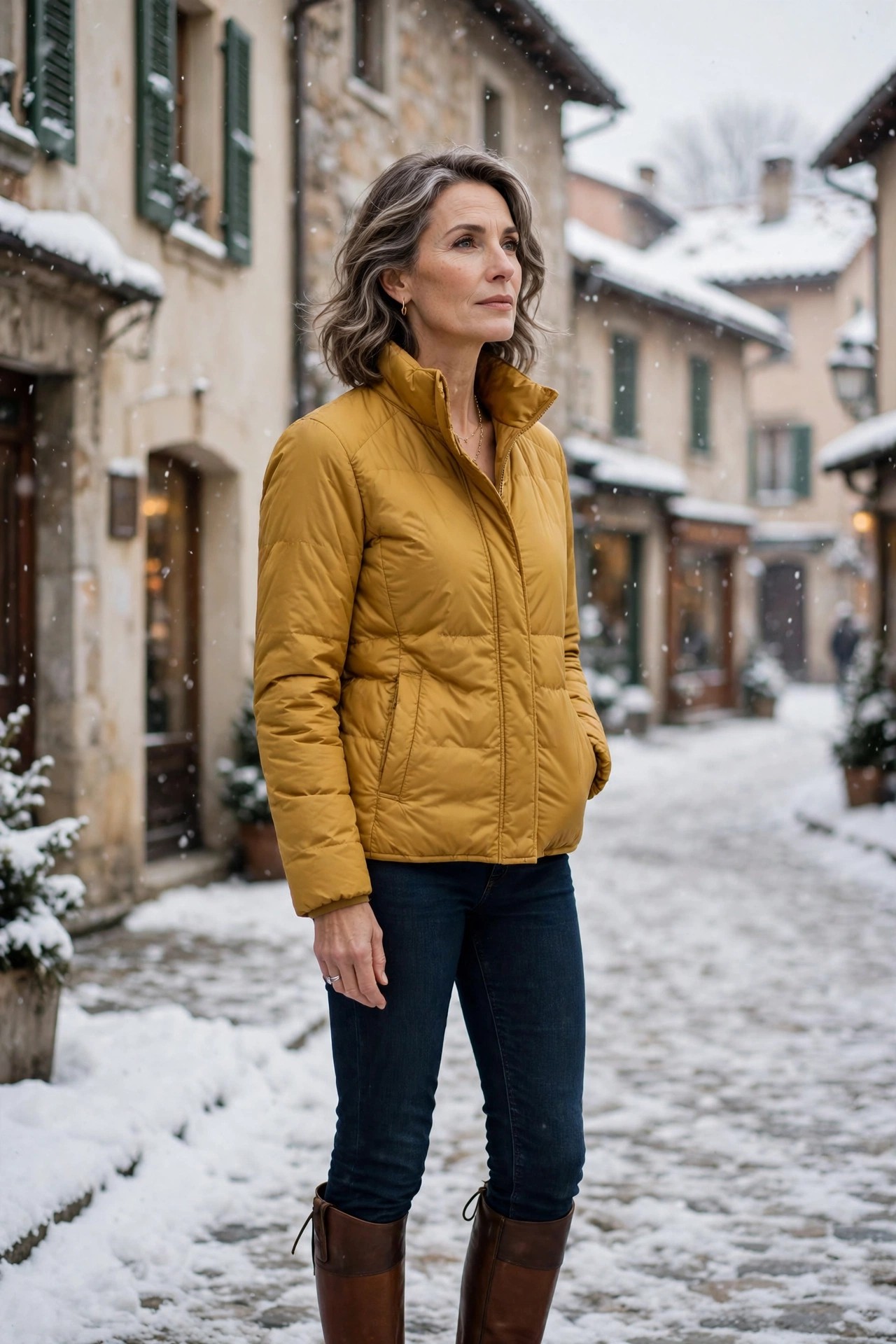 Woman over 50 in mustard down jacket sightseeing in snowy old town