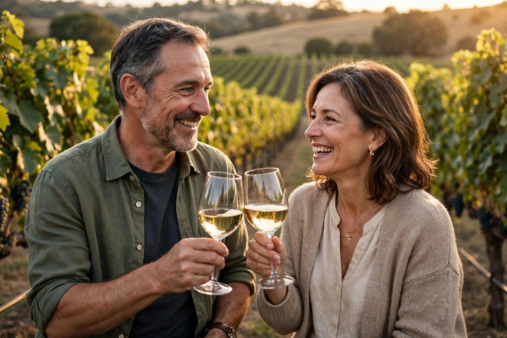 Mature couple toasting with wine at a vineyard on an anniversary day trip