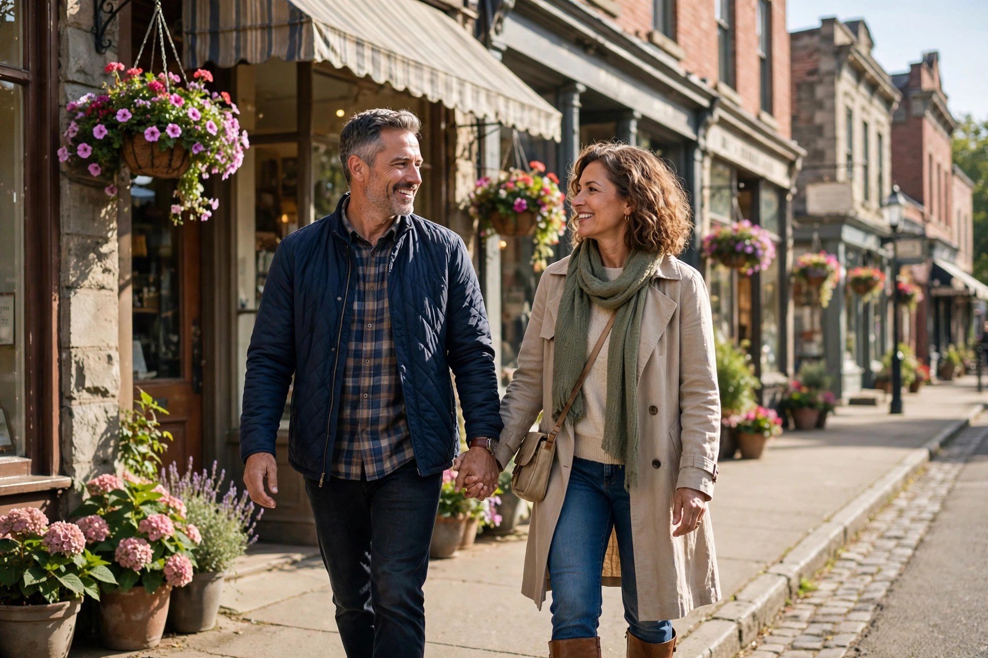 Couple holding hands while exploring a historic small town main street
