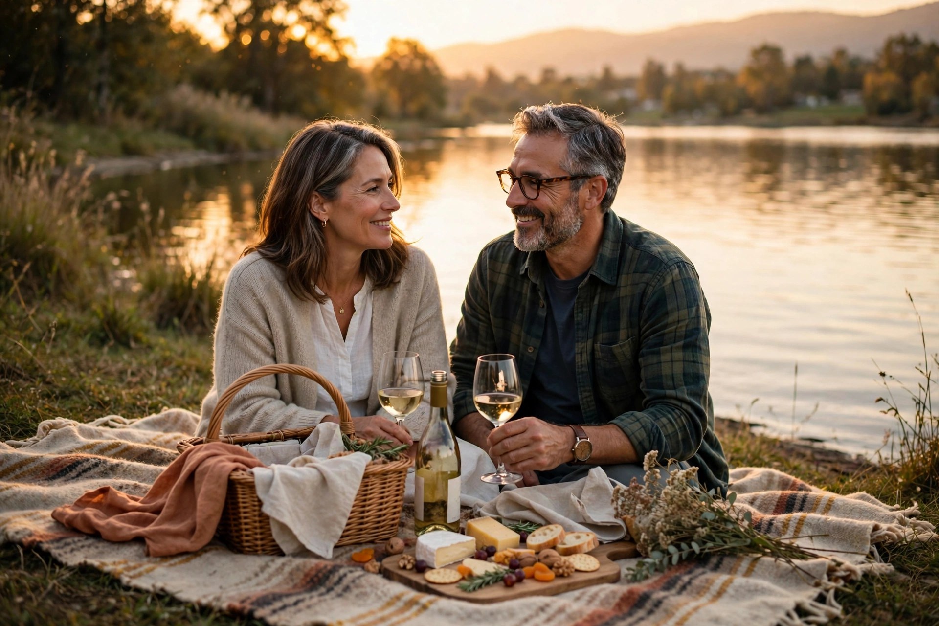 Mature couple having an anniversary picnic by a lake at sunset