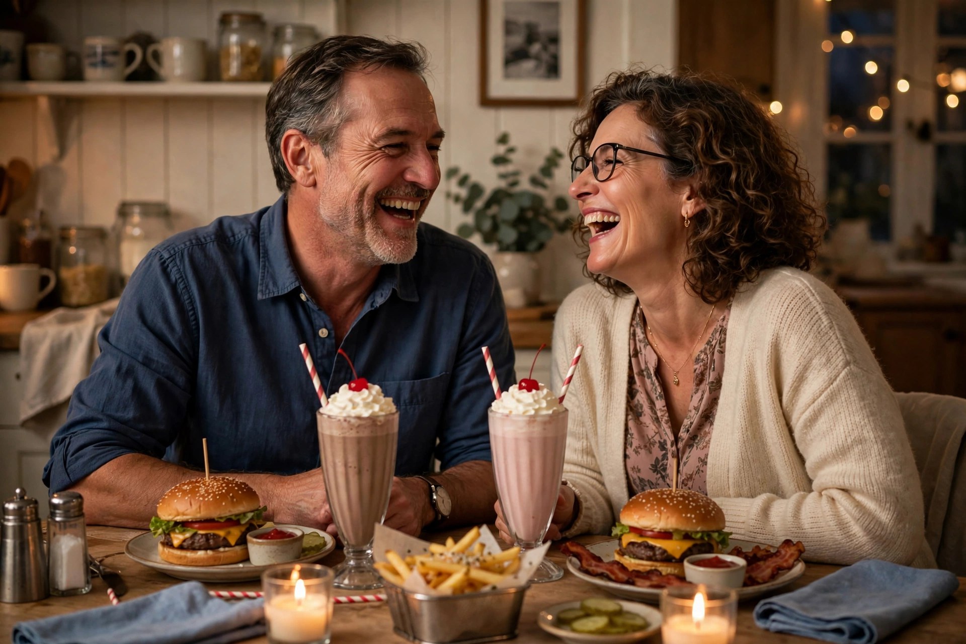 Couple recreating their first date at home with diner-style milkshakes