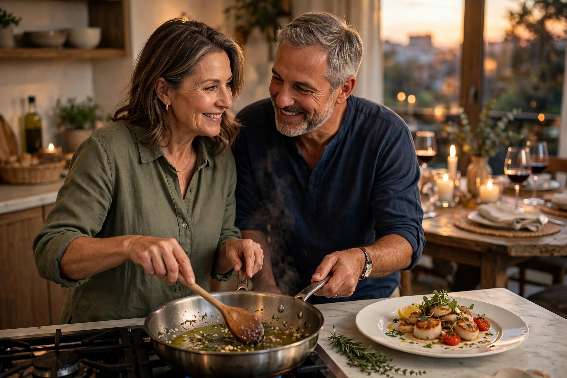 Couple cooking an anniversary dinner together in a candlelit kitchen