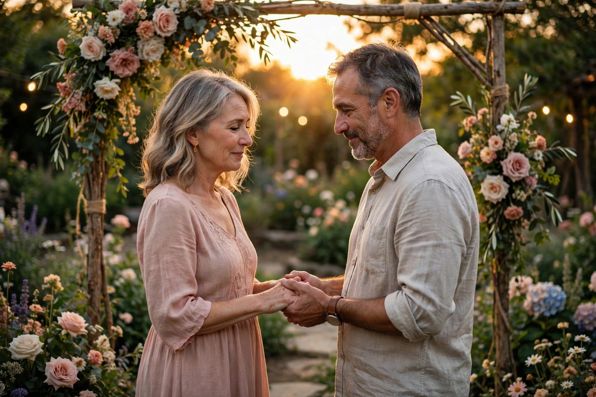 Mature couple renewing their vows under a floral arch in a garden