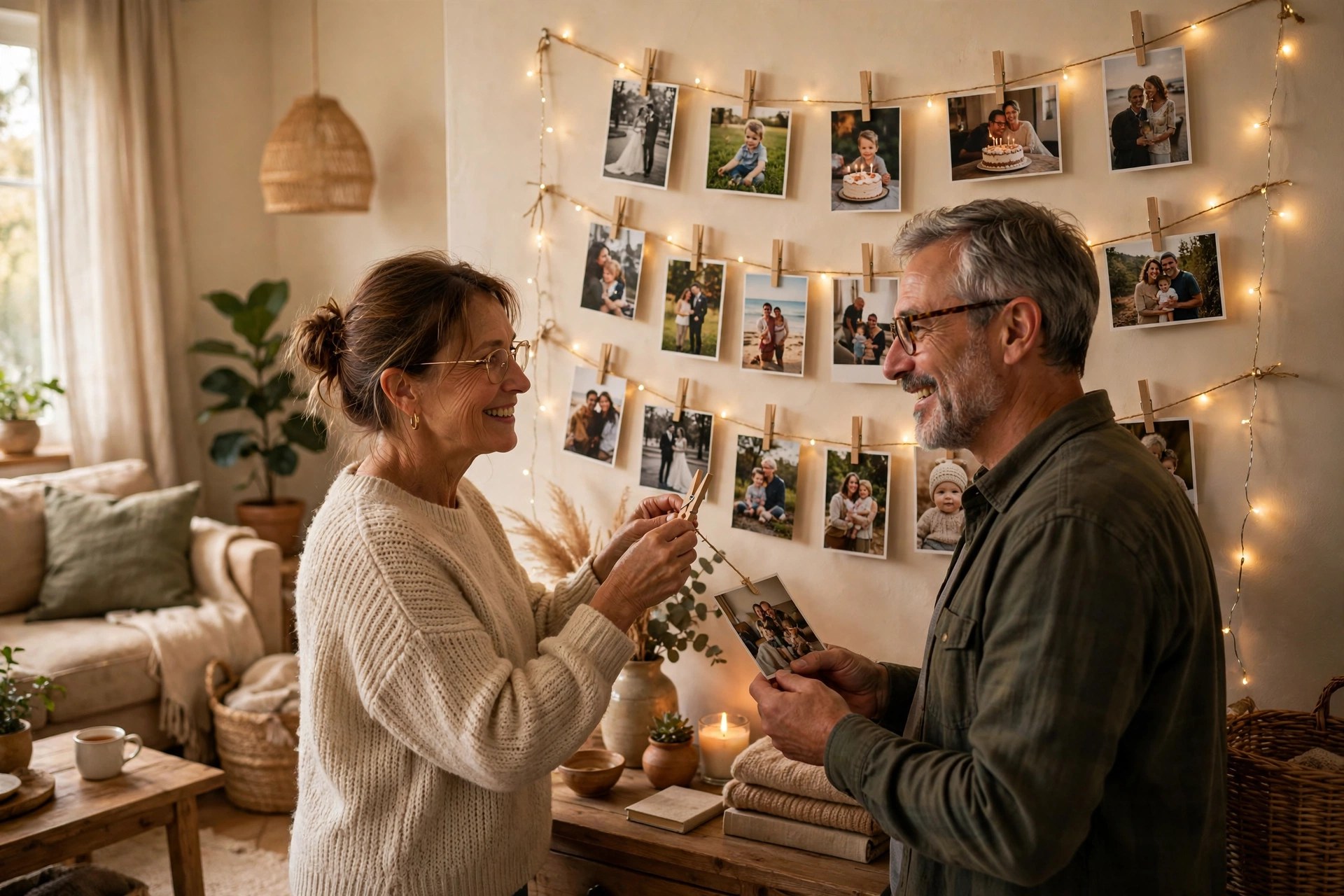 Couple hanging a photo timeline wall with fairy lights in their living room