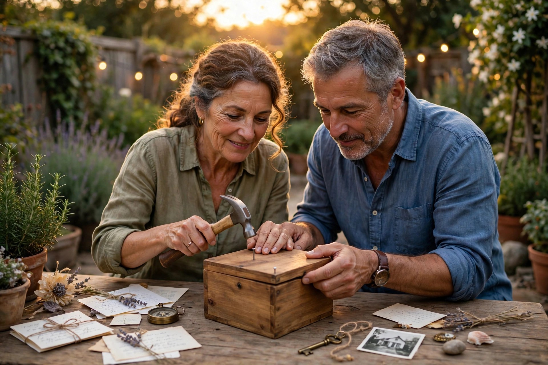 Couple sealing a wooden time capsule box together in their garden