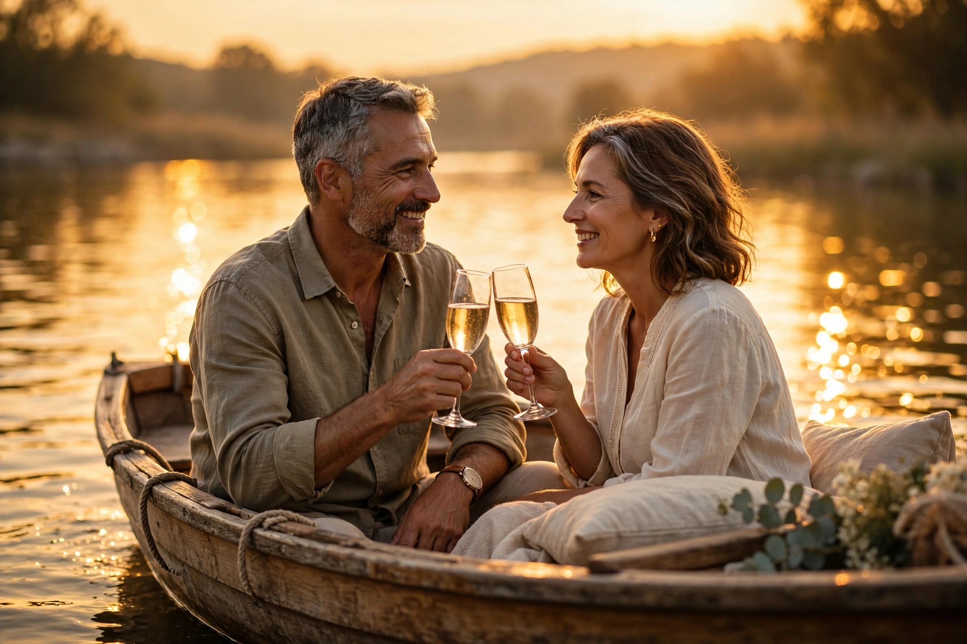Mature couple toasting champagne on a boat at sunset