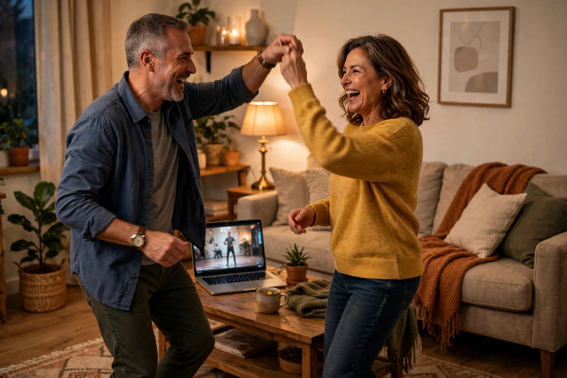 Couple laughing through a dance lesson in their living room
