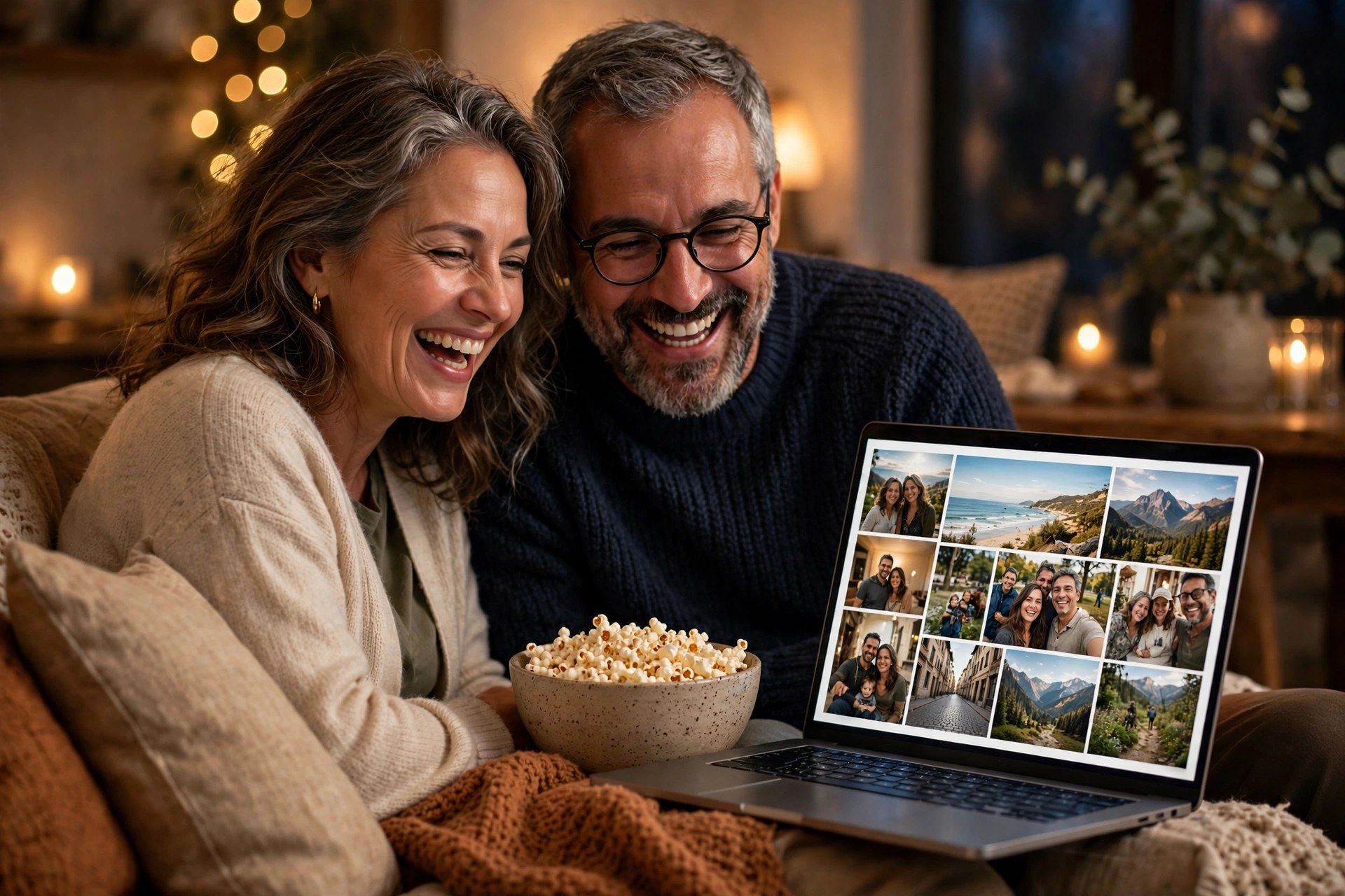 Couple watching a year-in-review video together on the couch