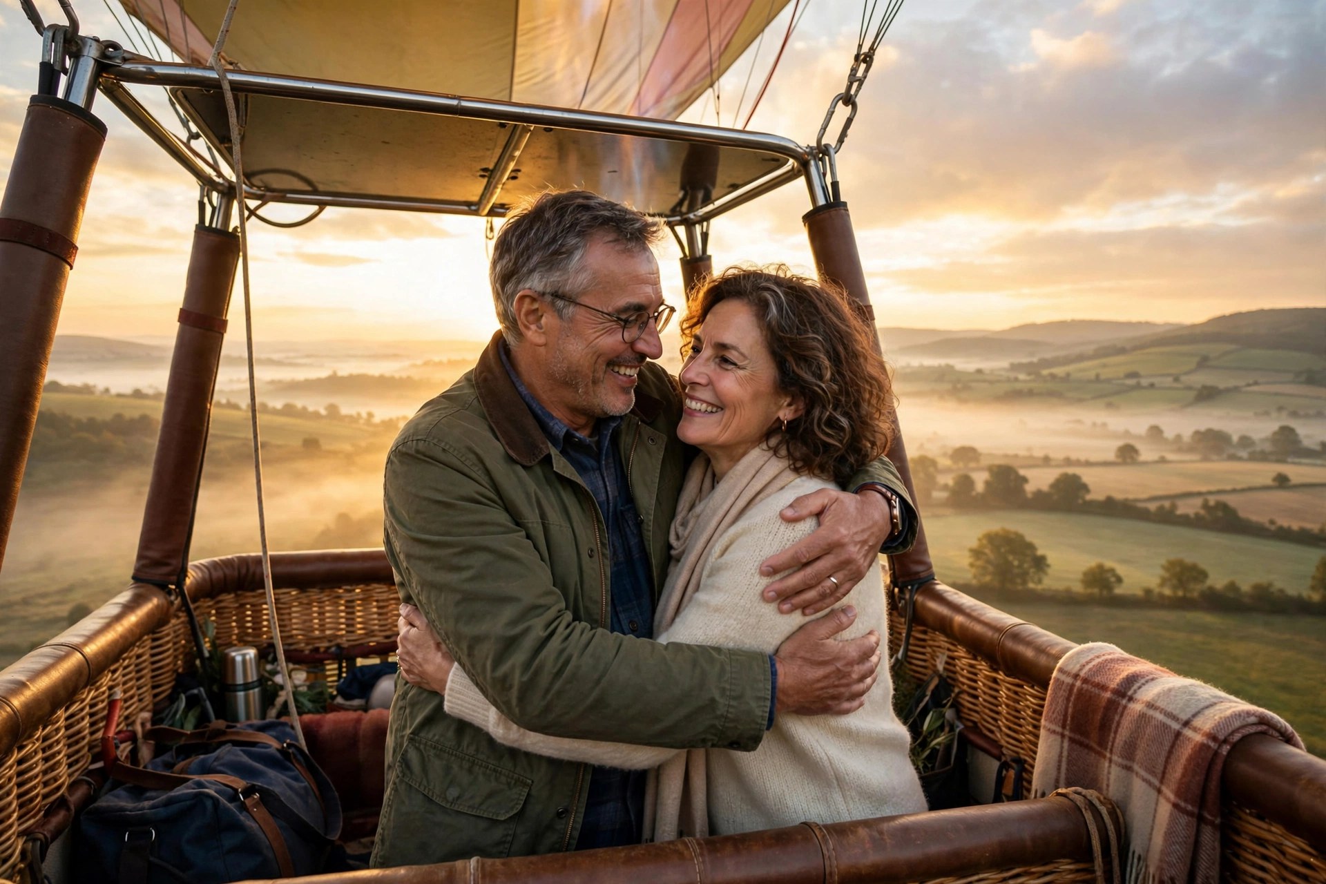 Mature couple in a hot air balloon at sunrise on their anniversary