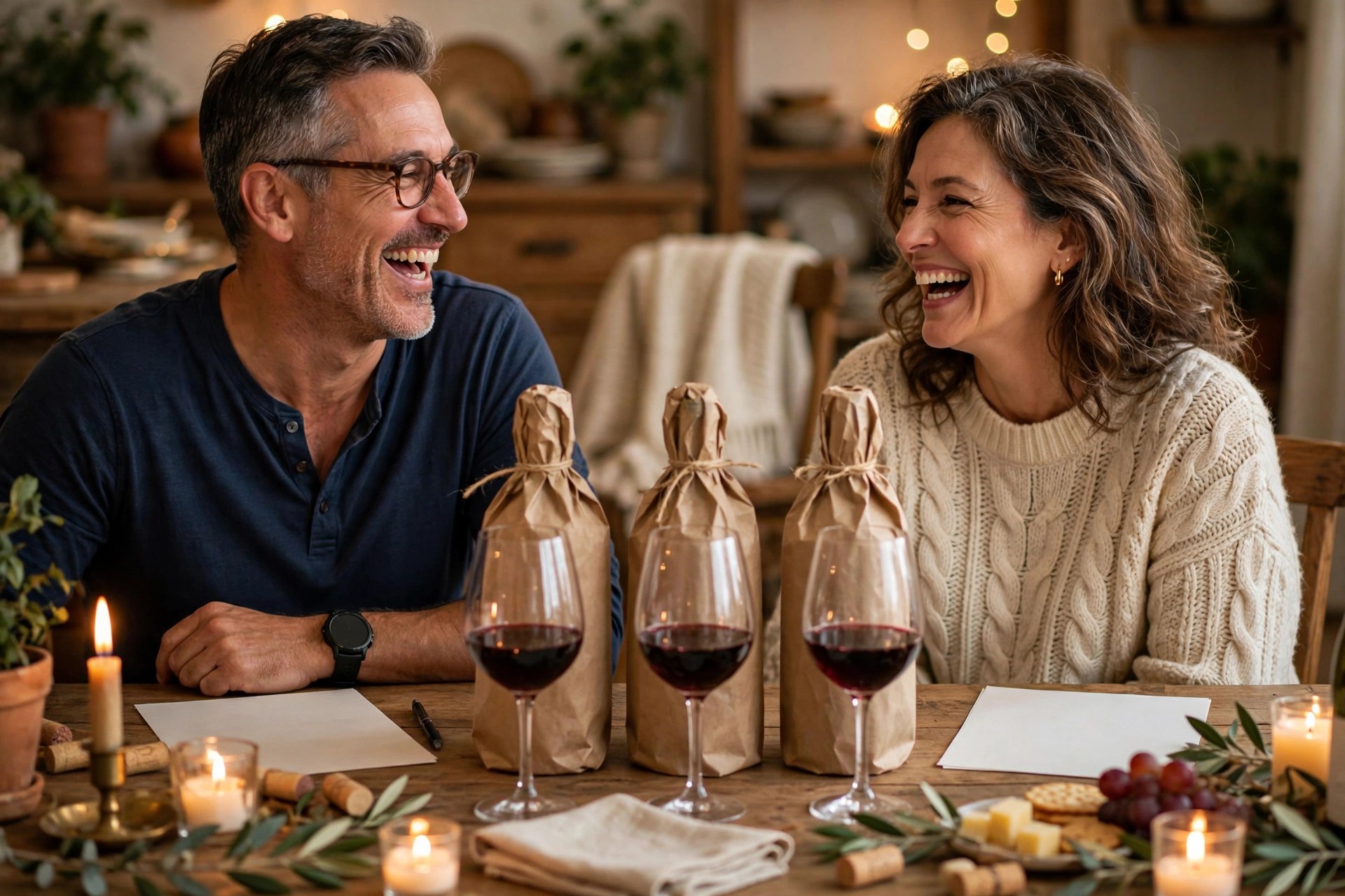 Couple doing a blind wine tasting at home with scorecards