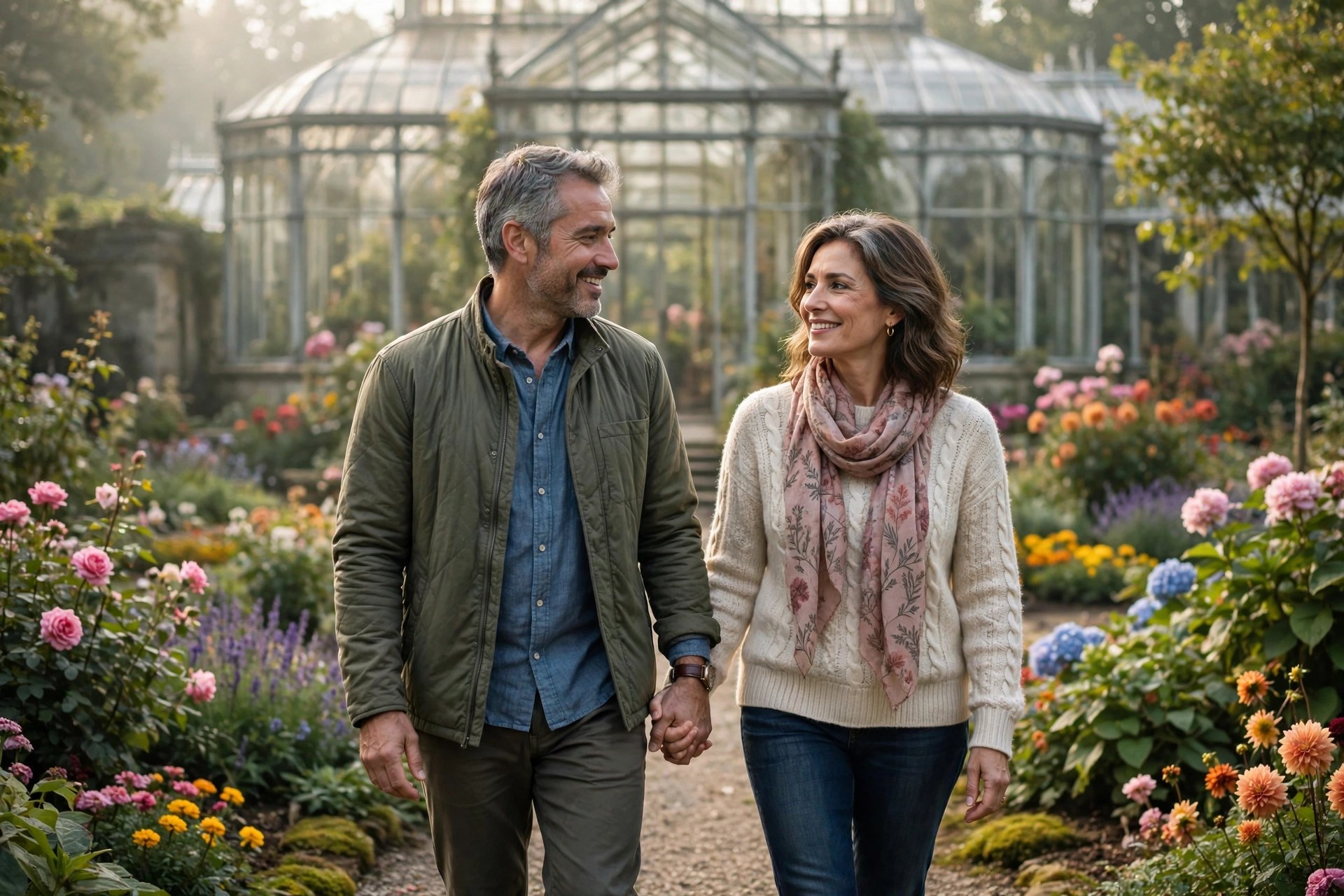 Mature couple strolling hand in hand through a botanical garden