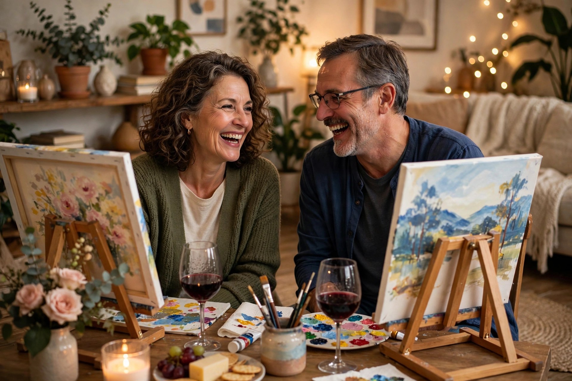 Couple laughing during a paint-and-sip night at home