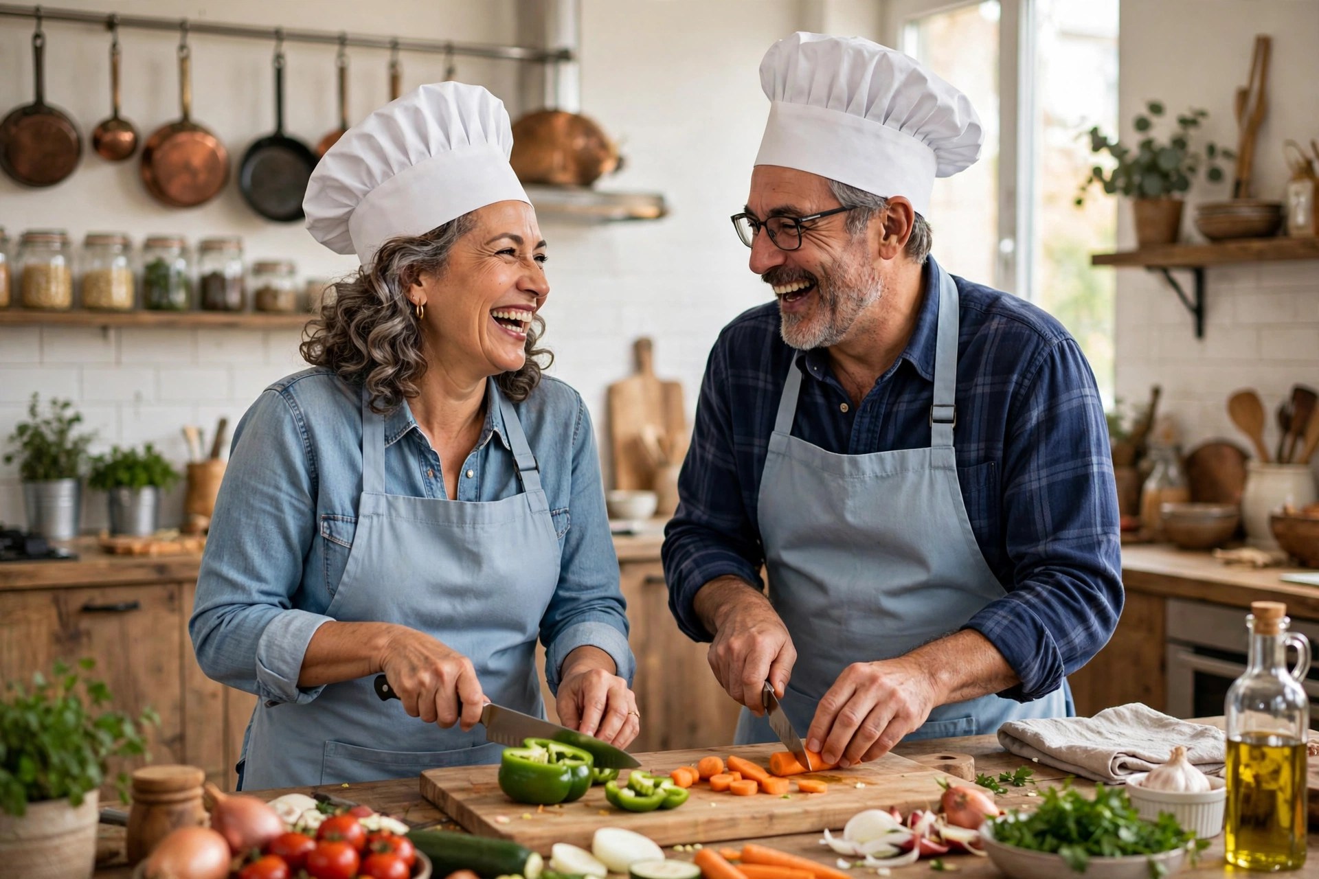 Couple in chef hats taking a cooking class together