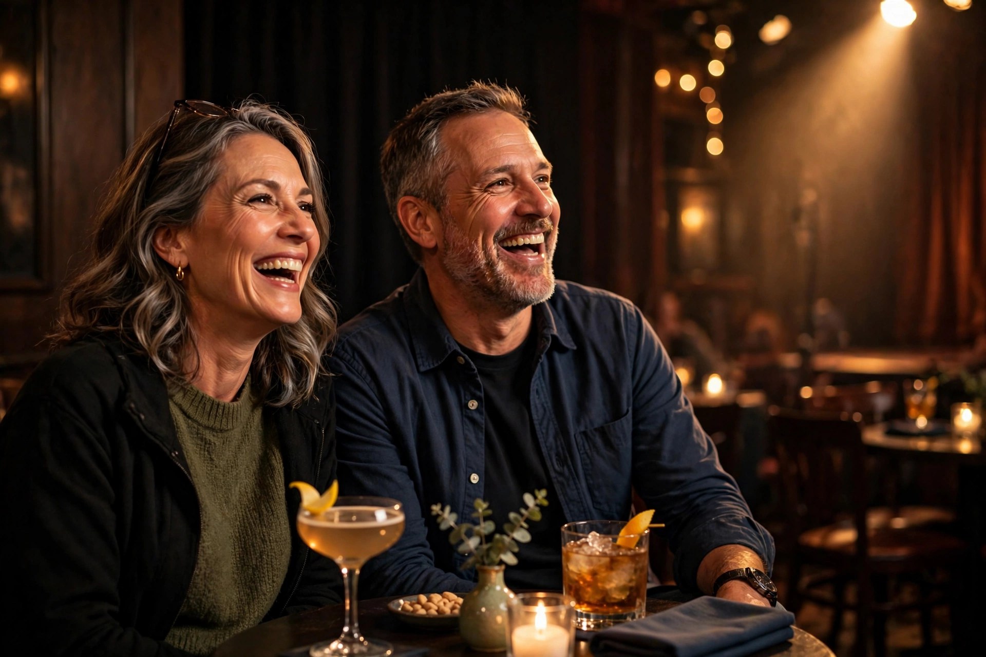 Mature couple laughing at a comedy club on anniversary night