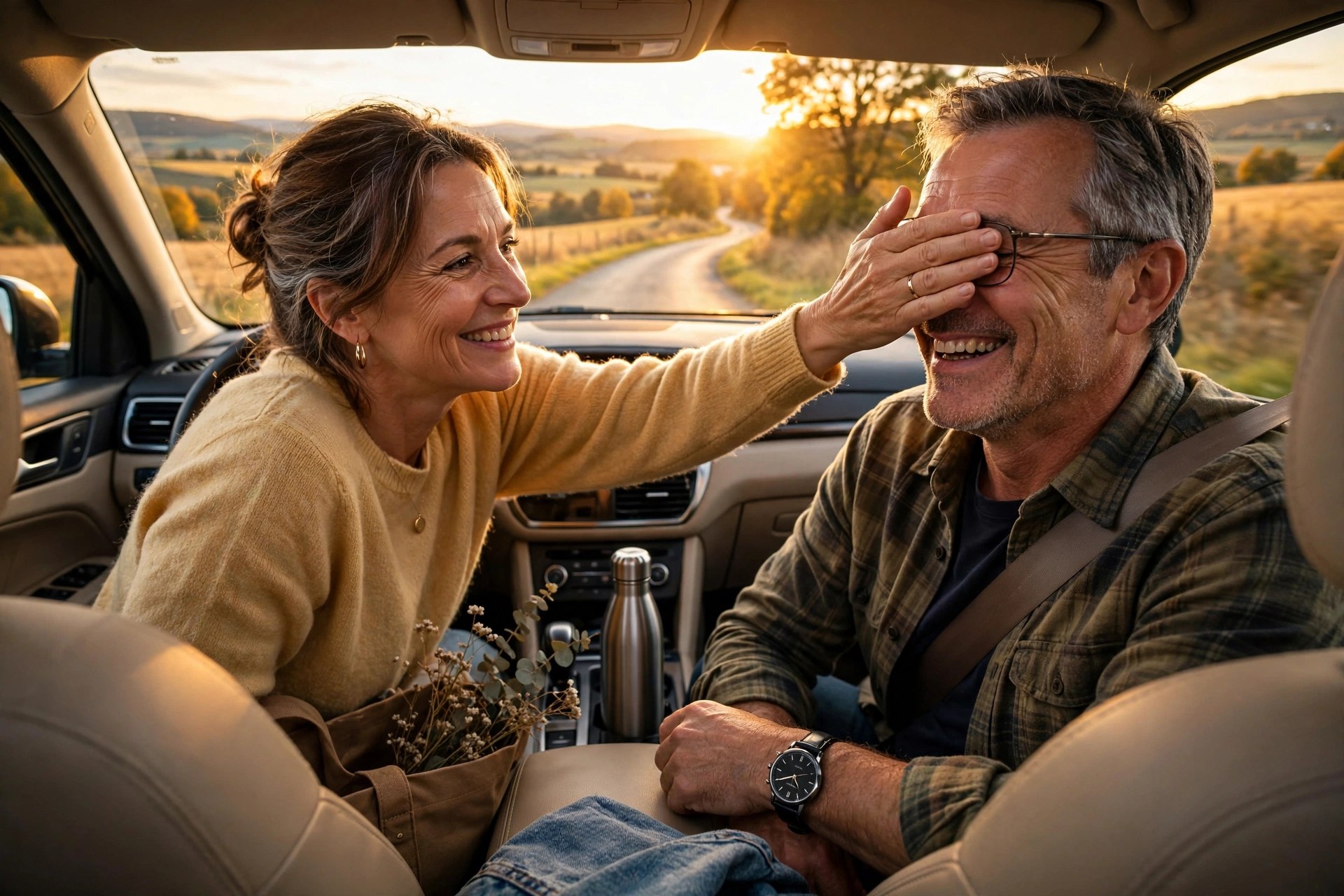 Couple on a surprise mystery road trip at golden hour