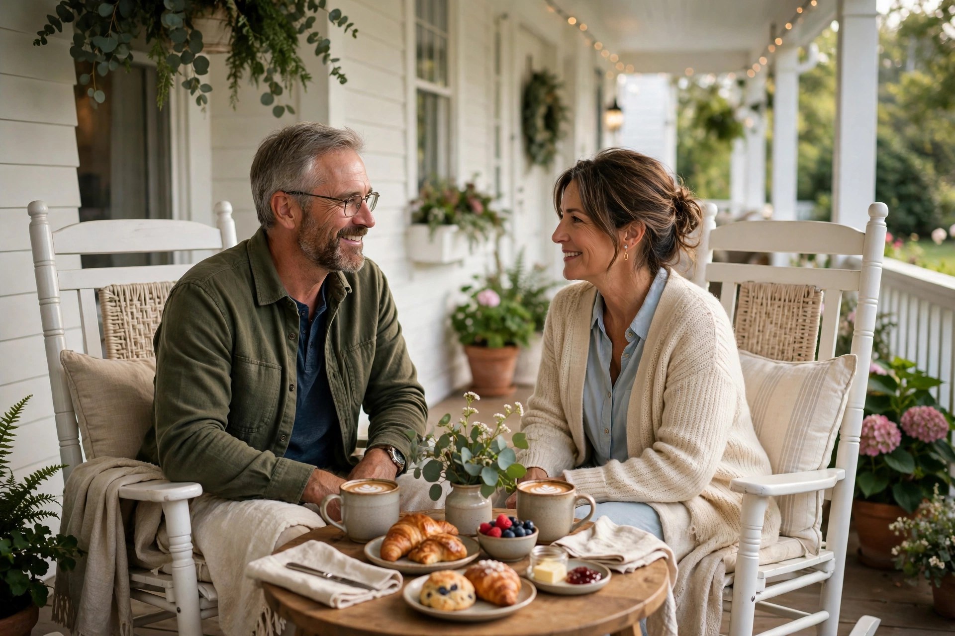 Couple enjoying breakfast on a bed-and-breakfast porch