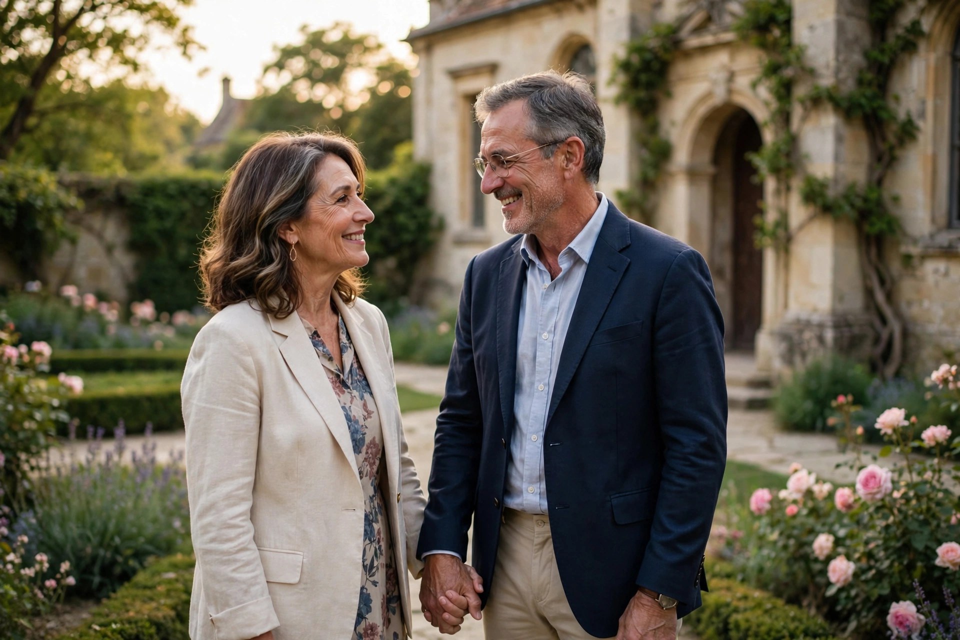Mature couple revisiting their wedding venue hand in hand