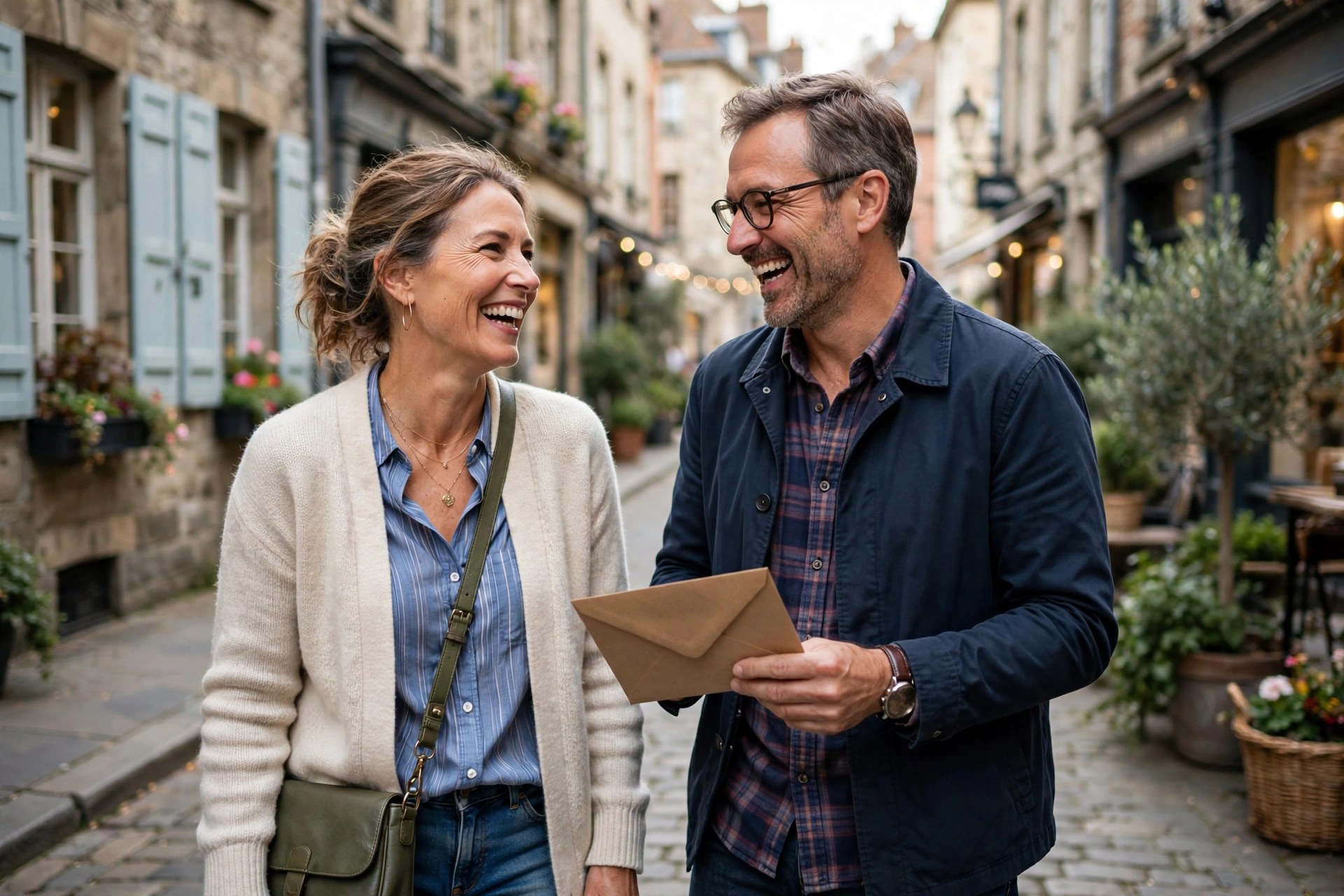 Couple laughing during an anniversary scavenger hunt downtown