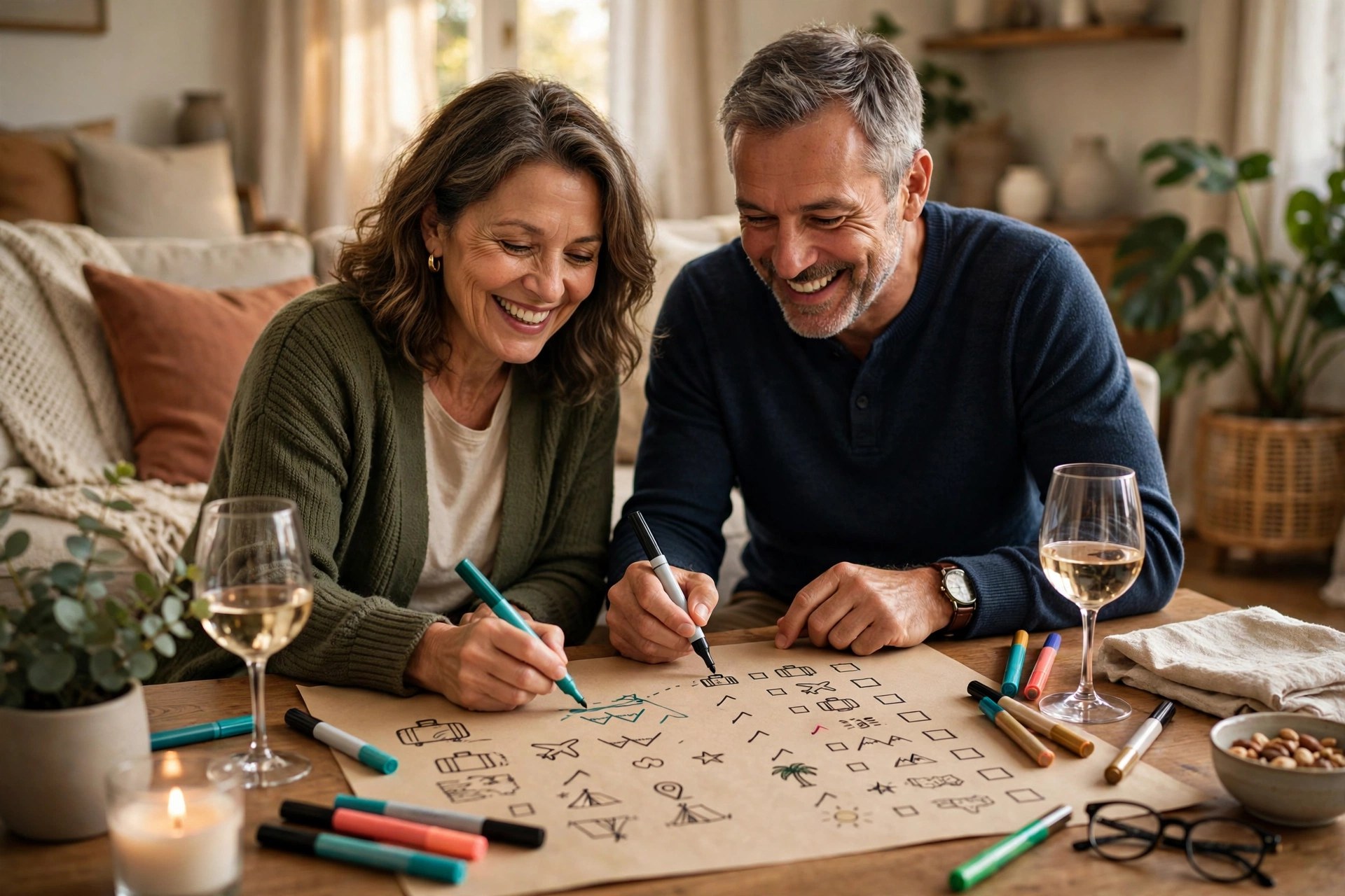 Couple writing an anniversary bucket list together at home