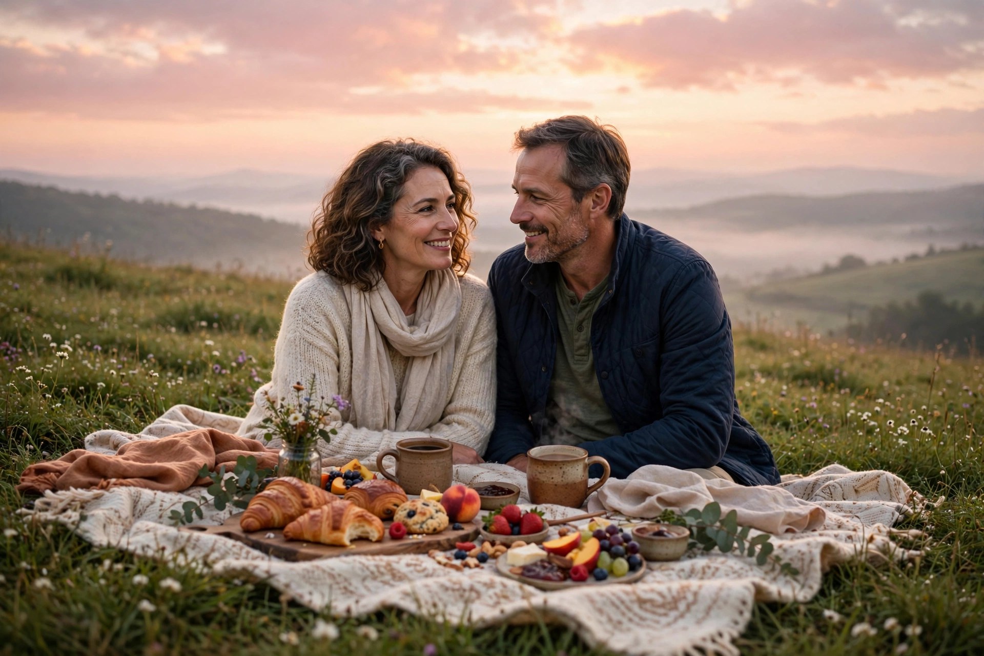 Couple having a sunrise breakfast picnic on a hilltop meadow