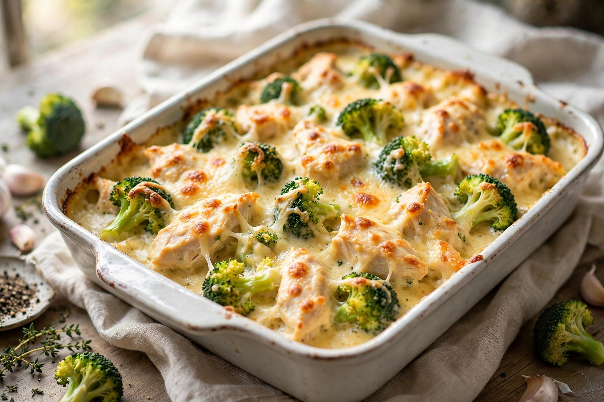 Light chicken and broccoli casserole with cheese in a baking dish
