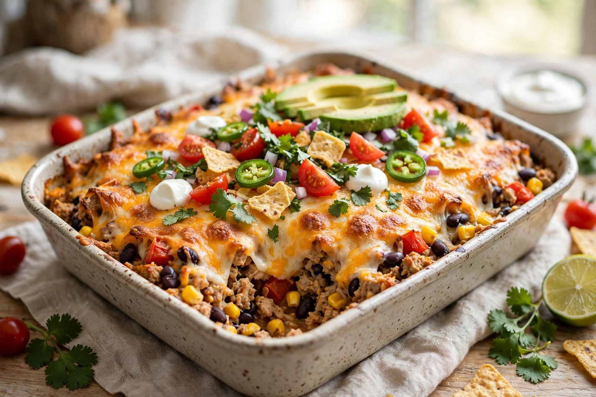 Turkey taco casserole with cheese and toppings