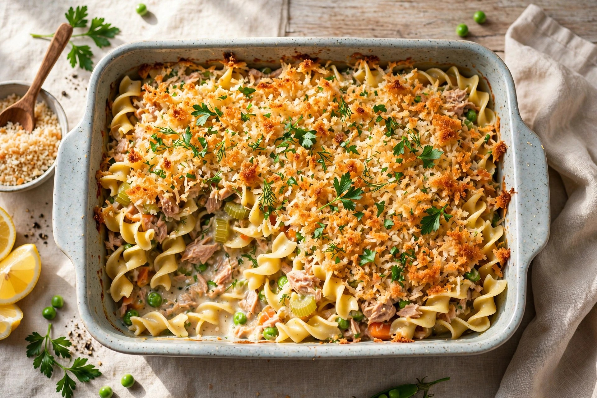 Lightened tuna noodle casserole with crispy topping