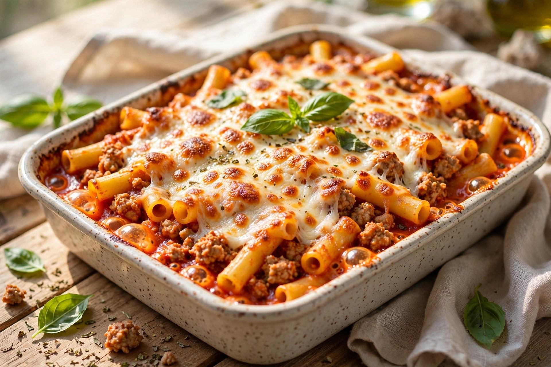Turkey baked ziti with melted mozzarella bubbly