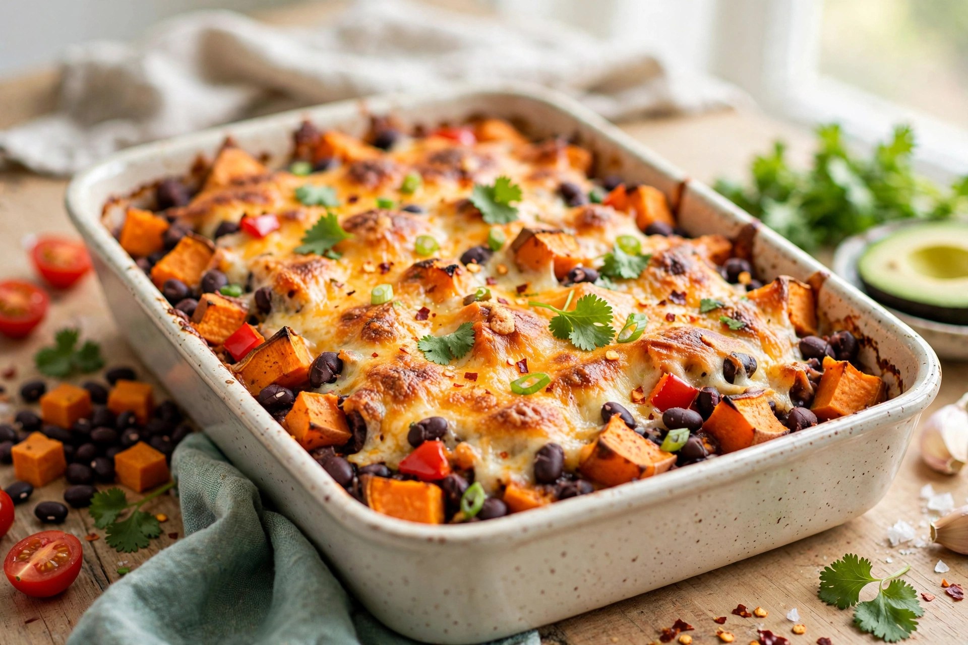 Sweet potato and black bean casserole with cheese
