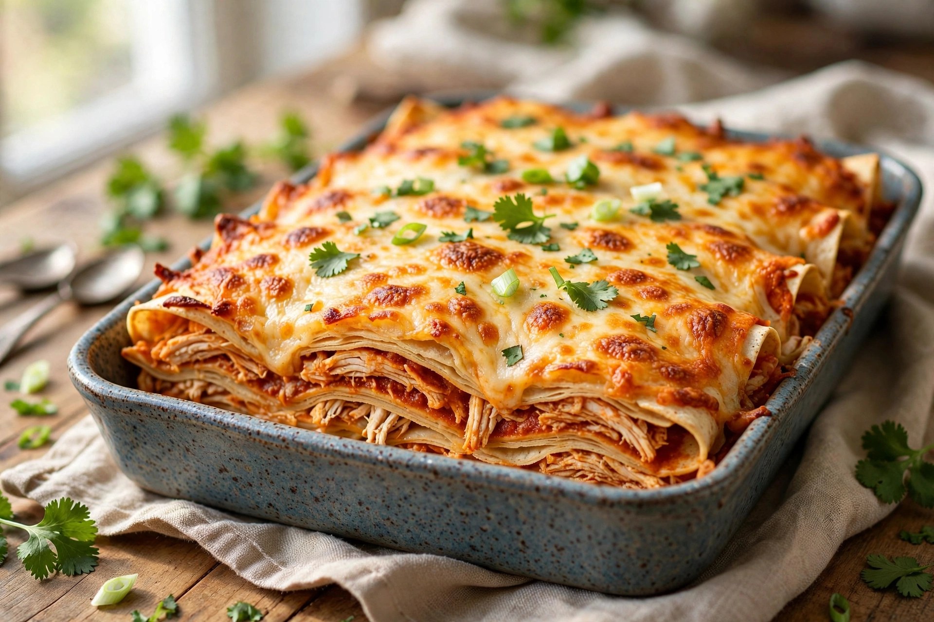Chicken enchilada casserole layered with tortillas and cheese