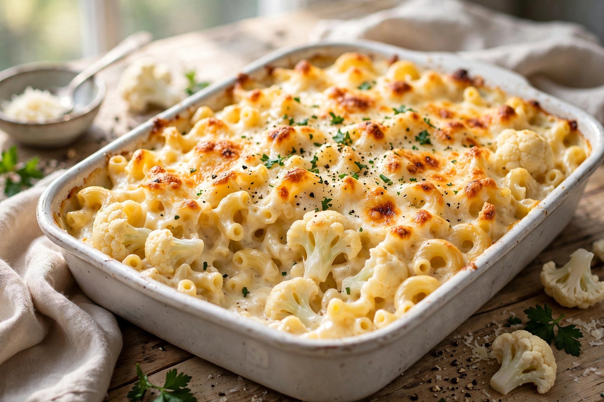 Light cauliflower mac and cheese creamy with golden top