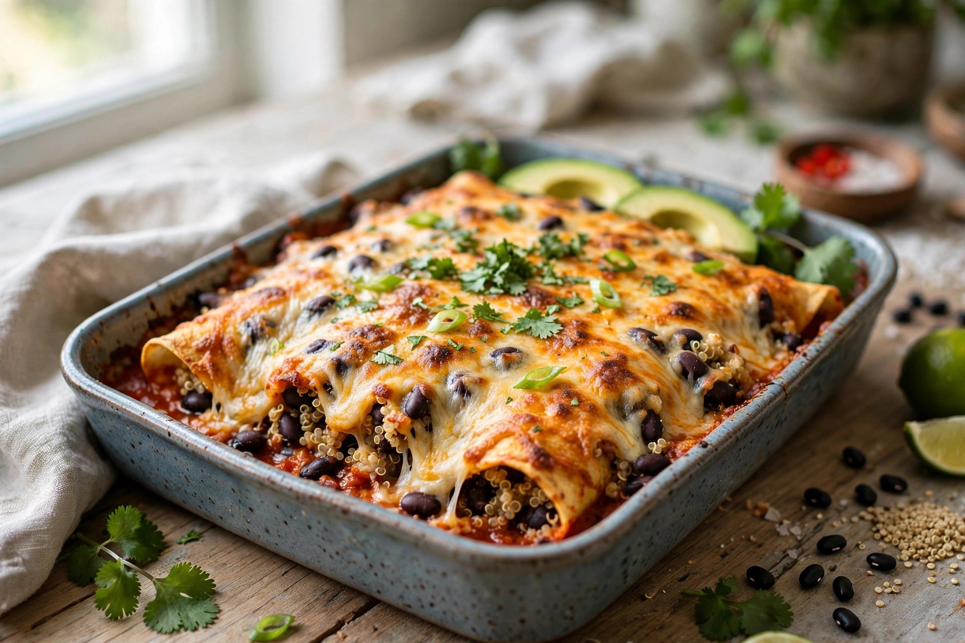 Quinoa enchilada casserole with black beans and cheese