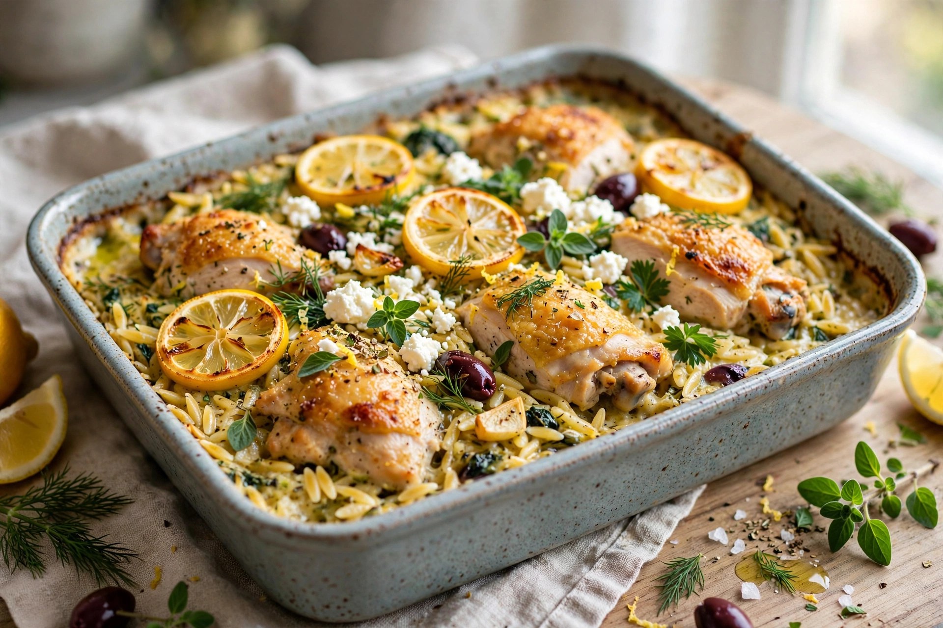 Greek chicken and orzo bake with lemon and feta