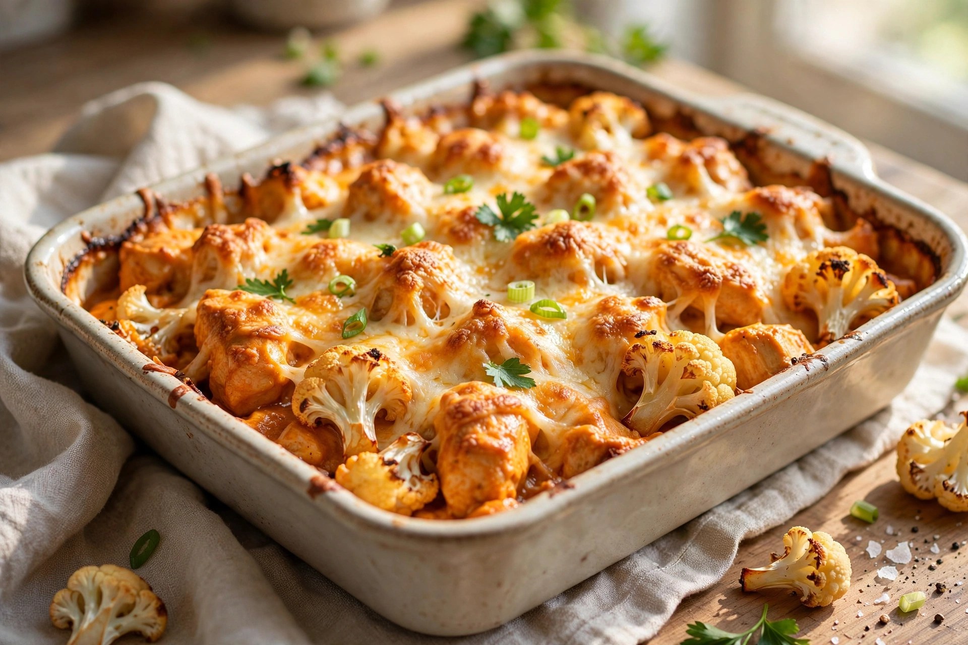 Buffalo chicken and cauliflower casserole with cheese