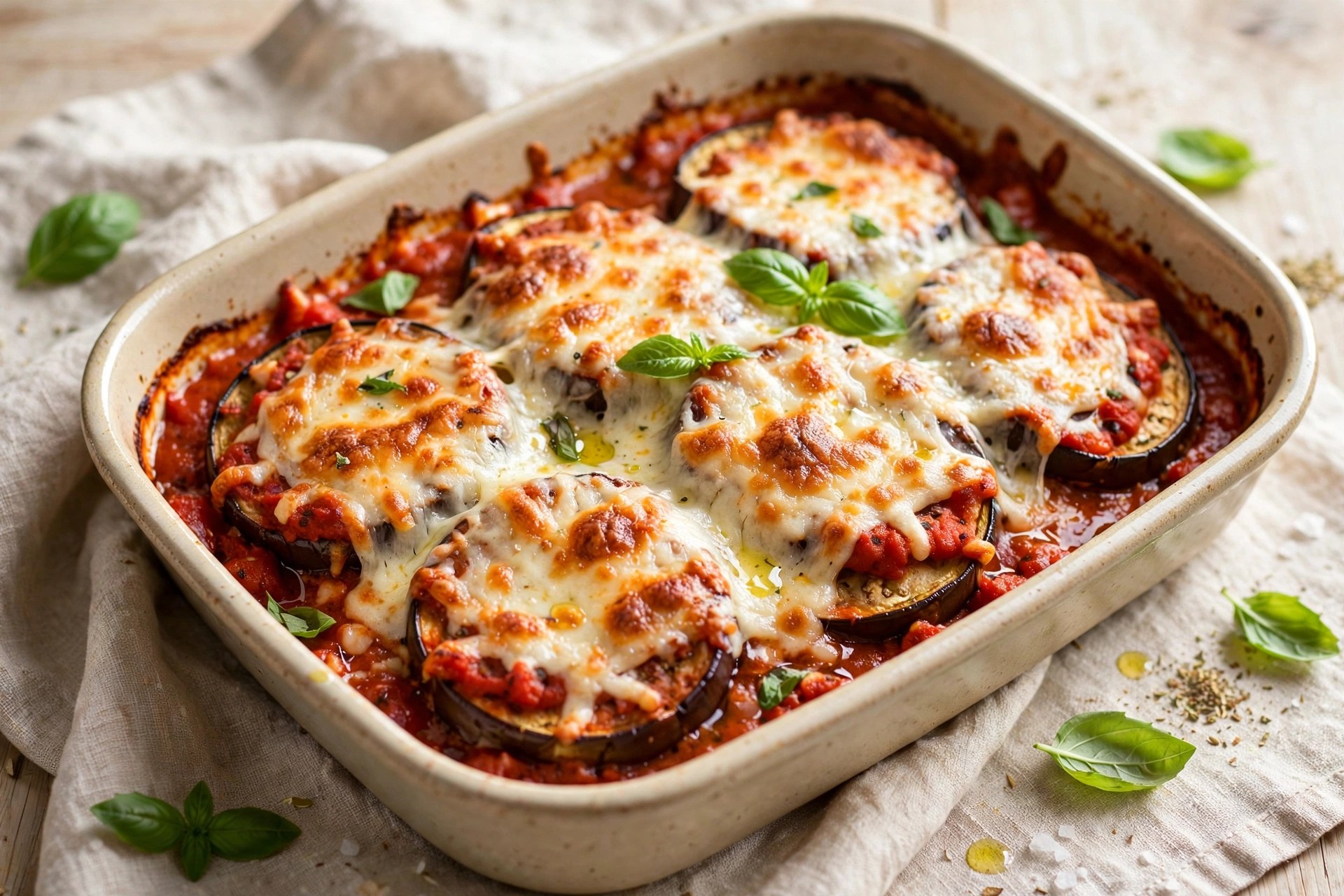 Light eggplant parmesan bake with marinara and mozzarella