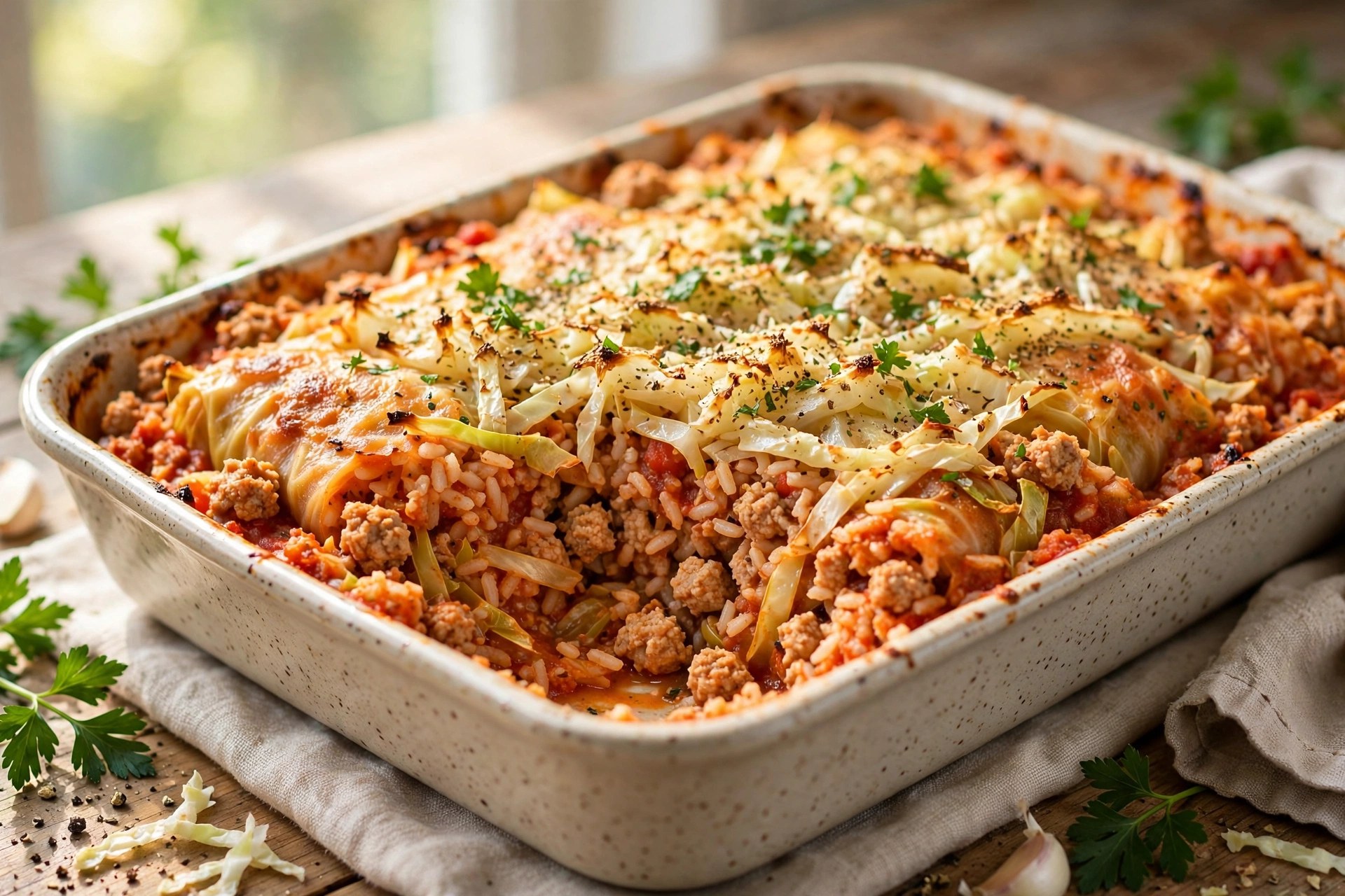 Unstuffed cabbage roll casserole with turkey and rice