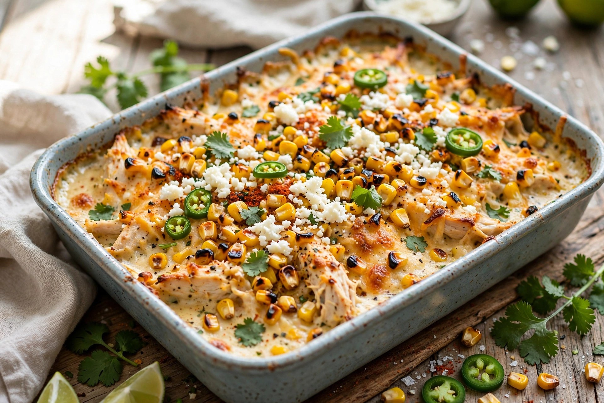 Mexican street corn chicken casserole with cotija