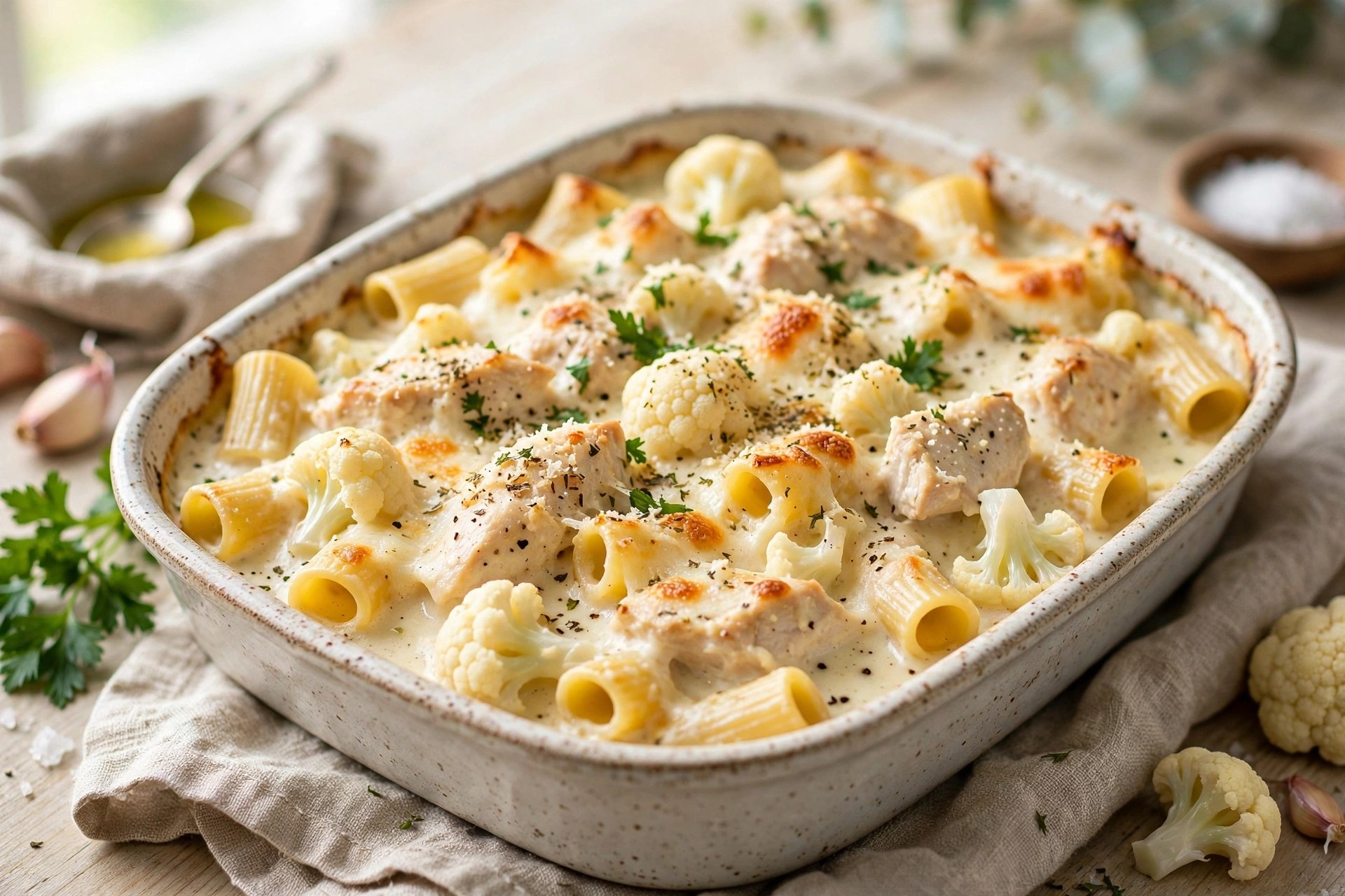 Light chicken alfredo bake with cauliflower sauce