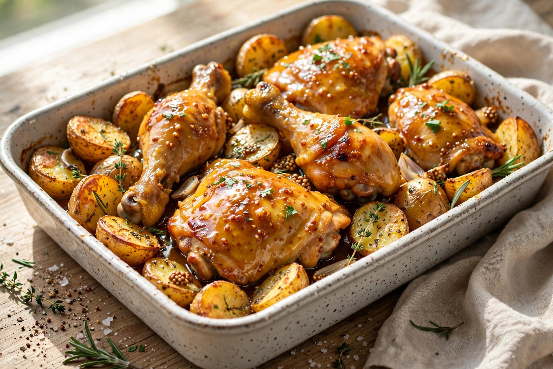 Honey mustard chicken and potato bake glazed
