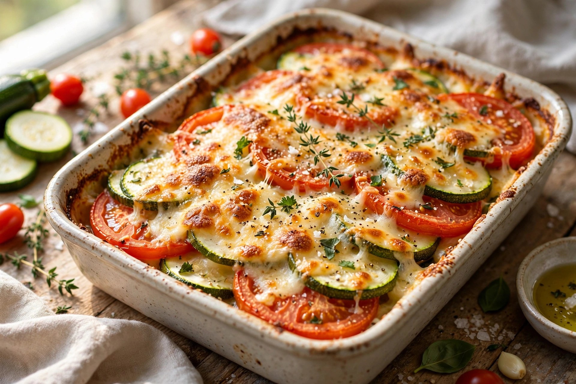 Zucchini and tomato gratin with cheese layers
