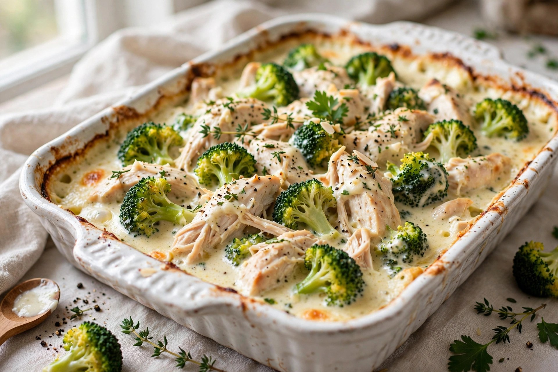 Lightened chicken divan with broccoli and creamy sauce