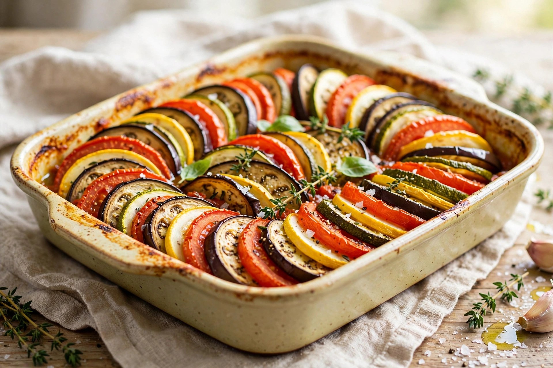 Ratatouille bake with layered vegetables colorful