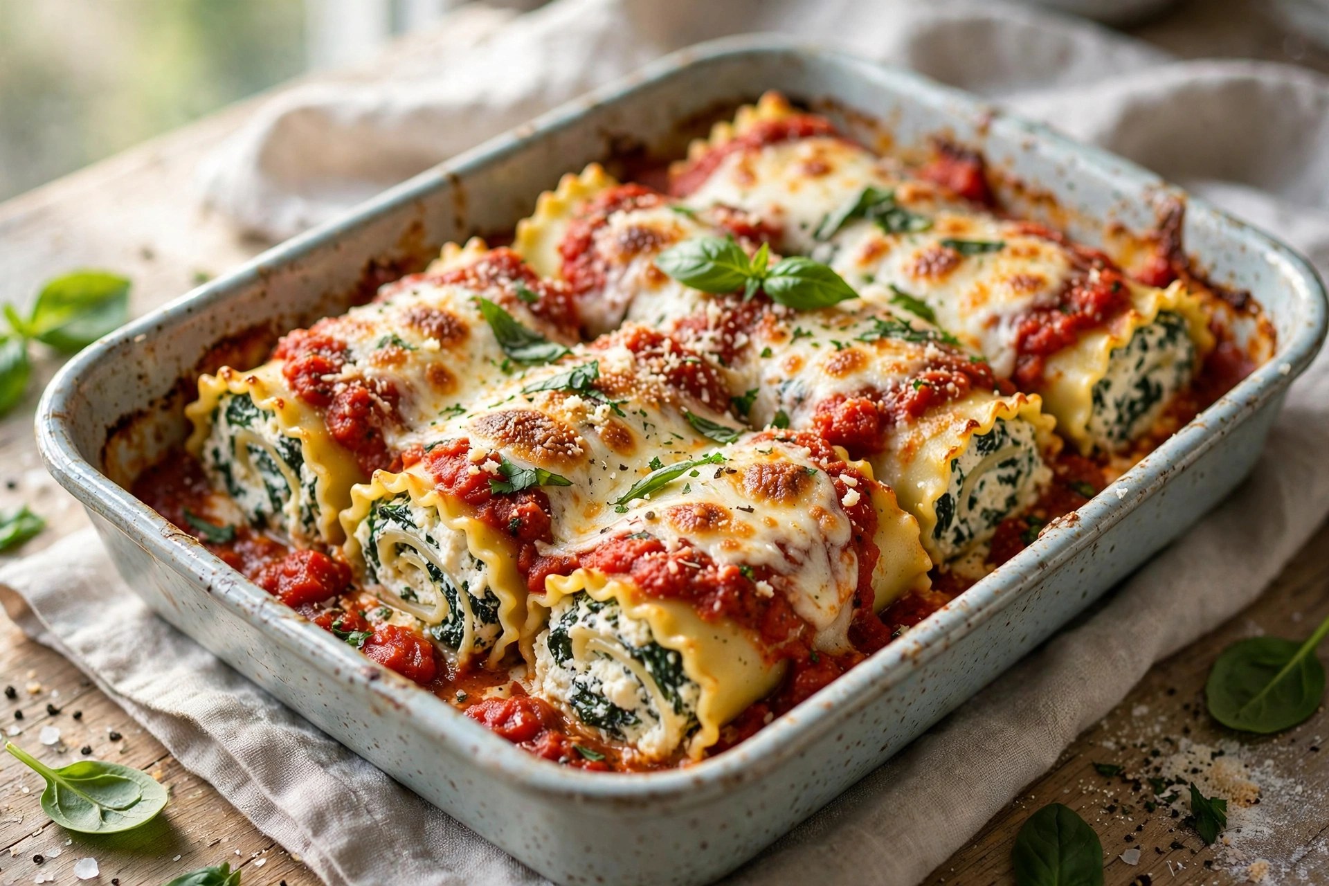 Spinach and ricotta lasagna roll-ups with marinara