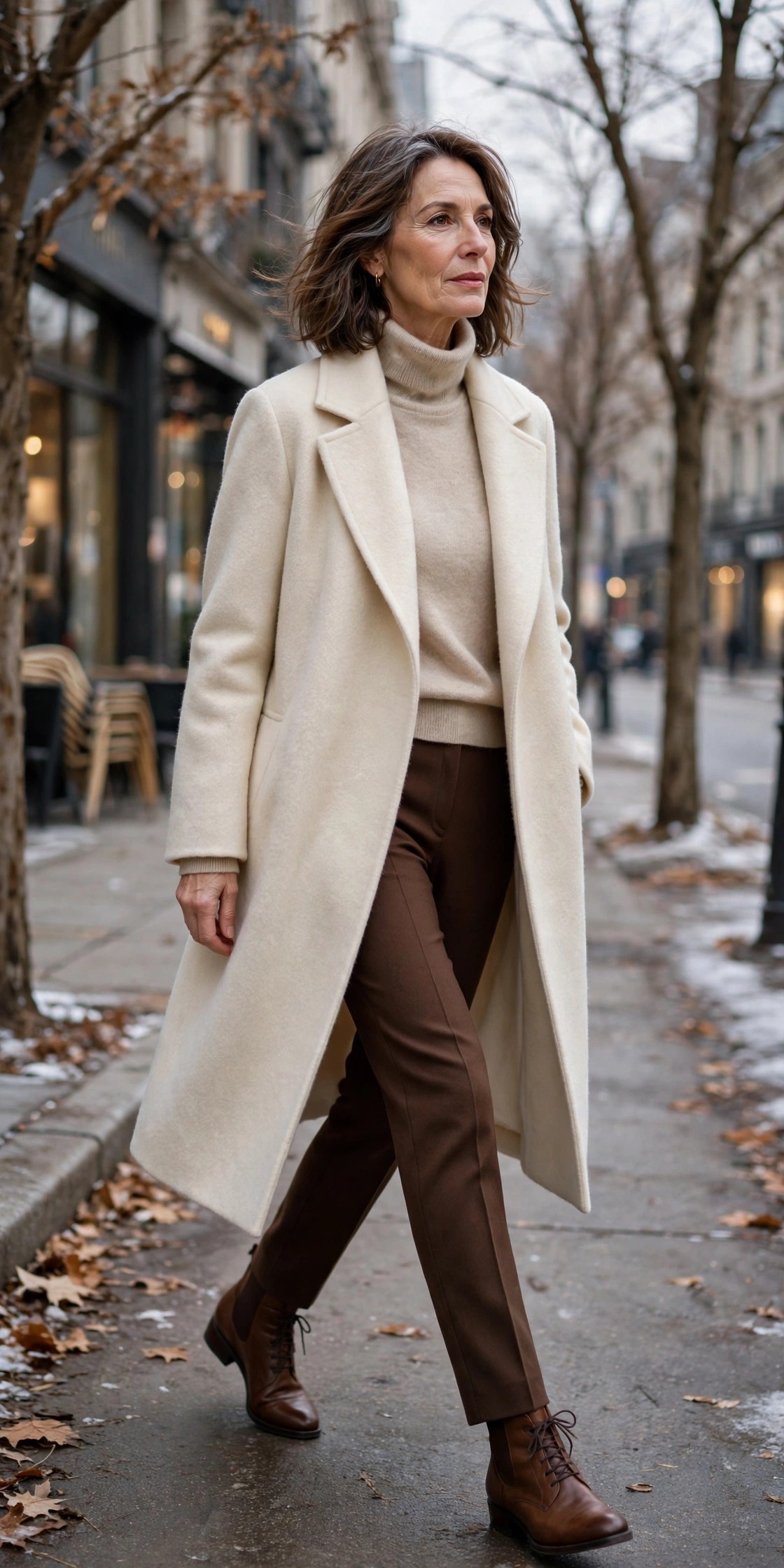 Woman over 50 wearing a cream wool coat with beige cashmere sweater and chocolate trousers