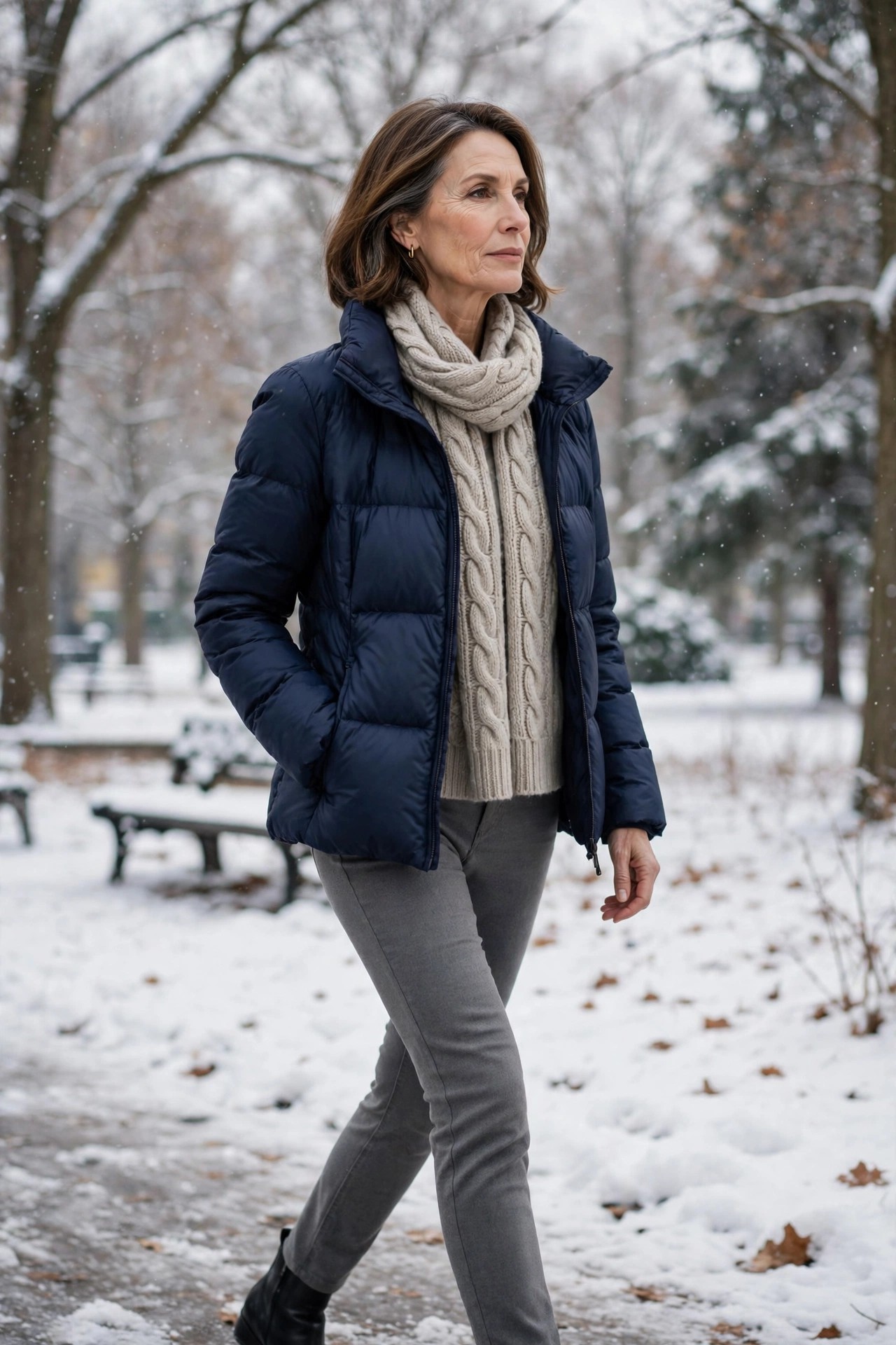 Woman over 50 wearing navy puffer with oatmeal cable-knit scarf