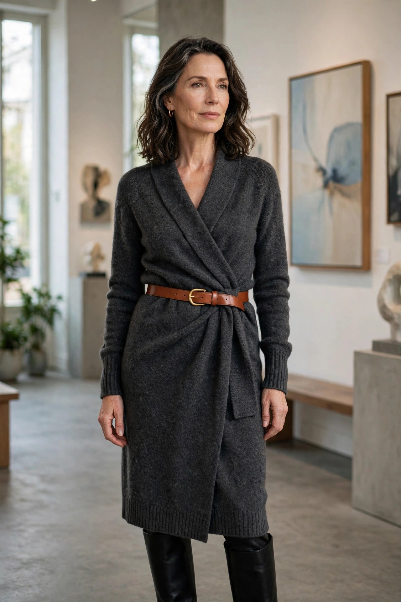 Woman over 50 in charcoal wrap sweater dress with cognac belt