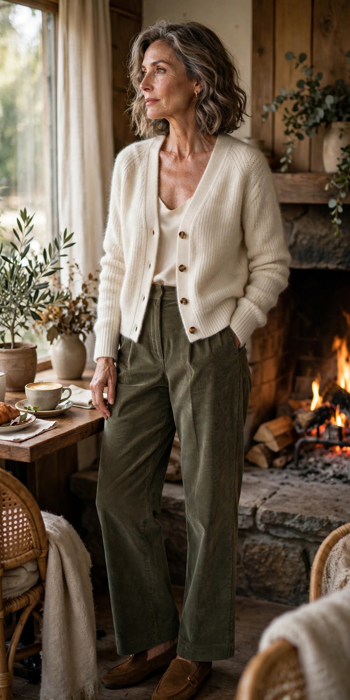 Woman over 50 in olive corduroys with cream cashmere cardigan