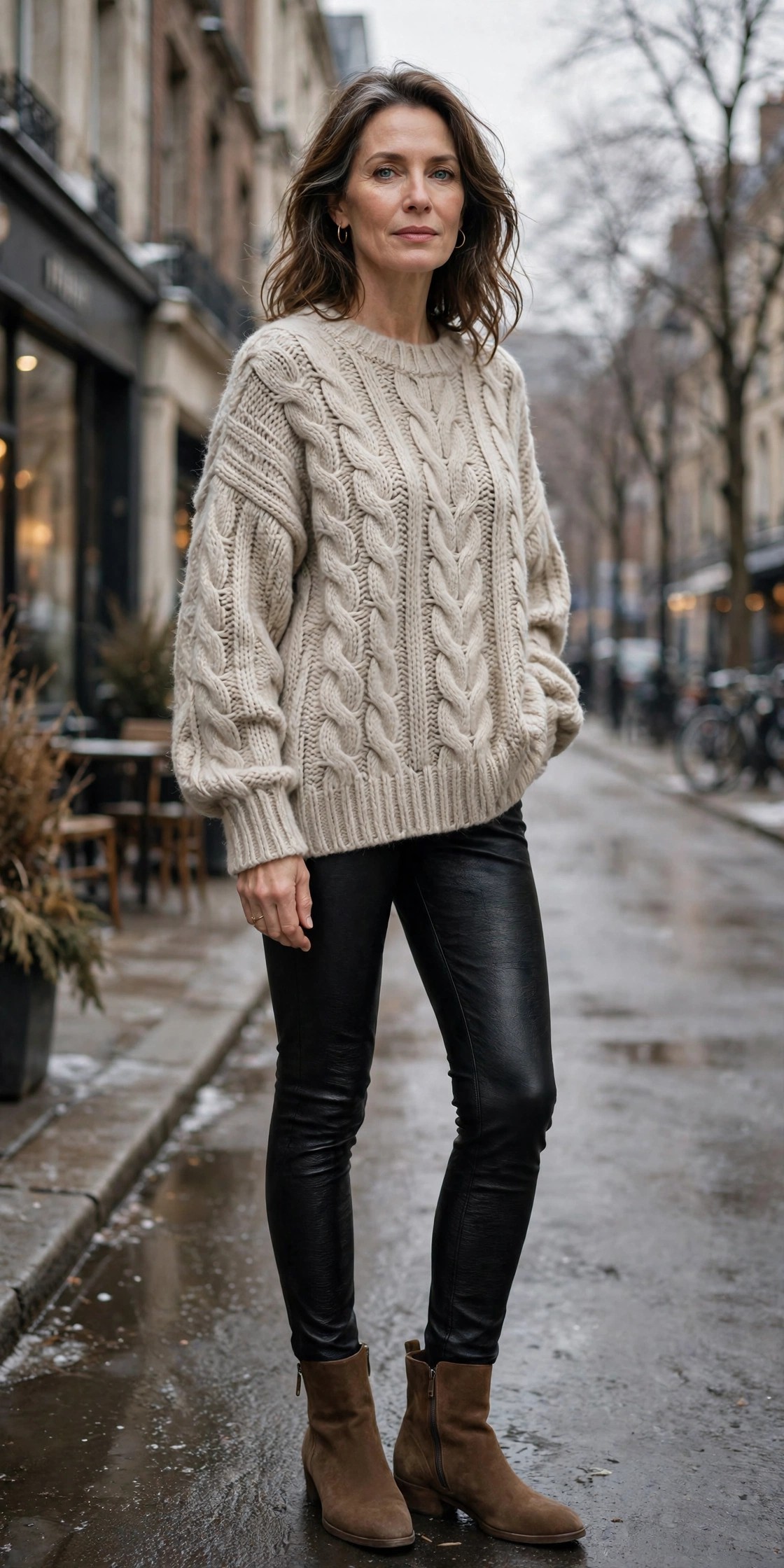 Woman over 50 in oatmeal slouchy sweater with black faux-leather leggings