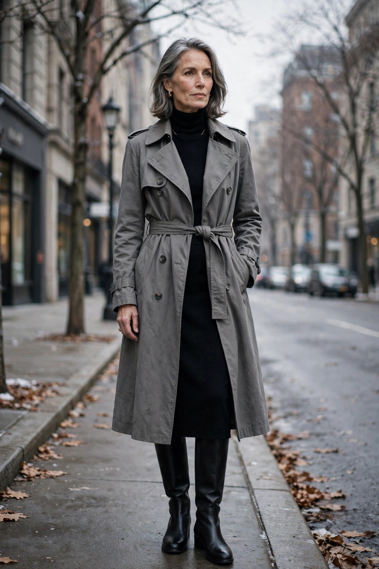 Woman over 50 in stone trench coat over black turtleneck dress